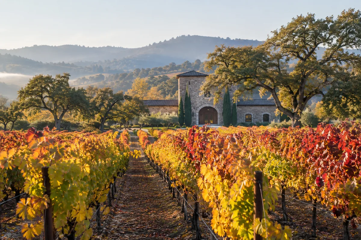 Napa Valley vineyard rows in autumn color with a winery building in the background