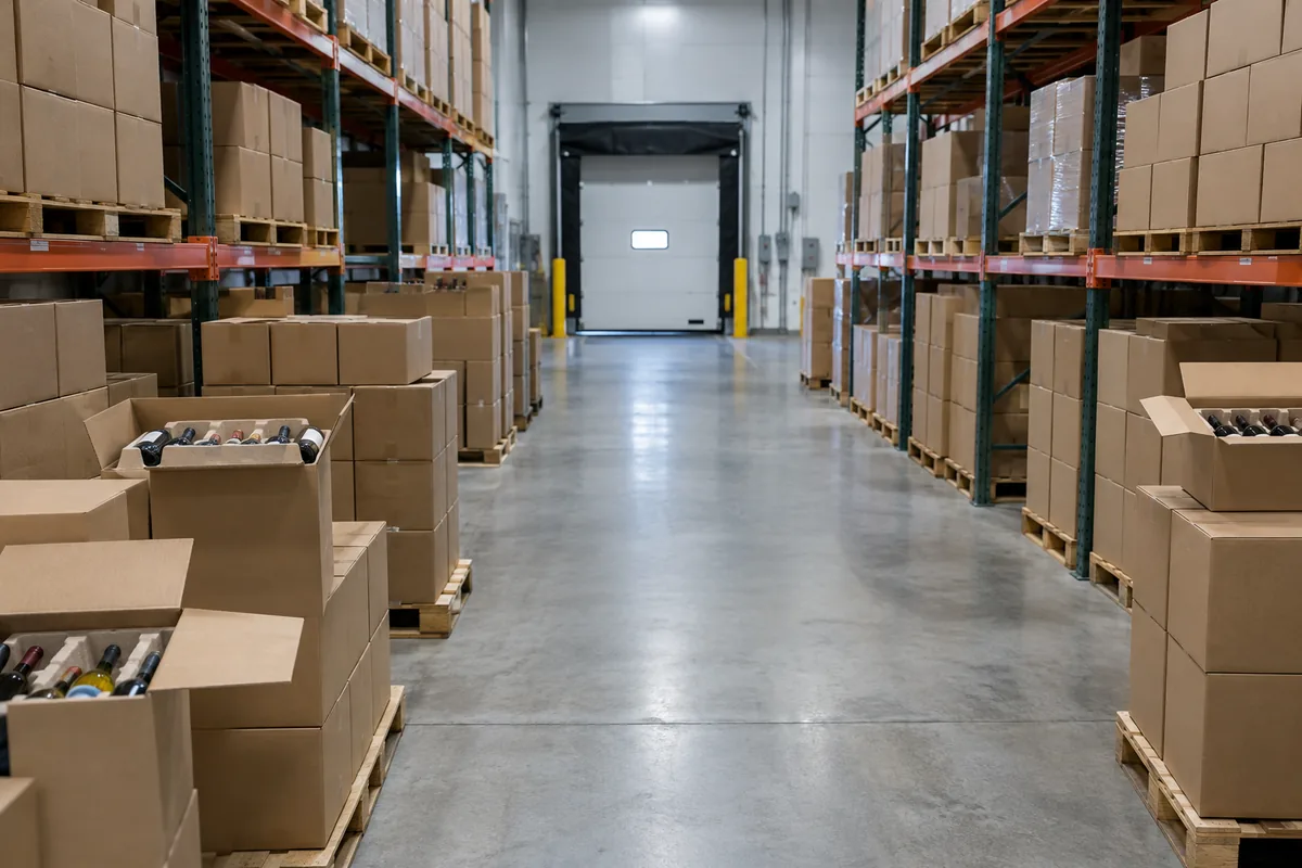 Cases of wine stacked on pallets in a quiet wine fulfillment warehouse