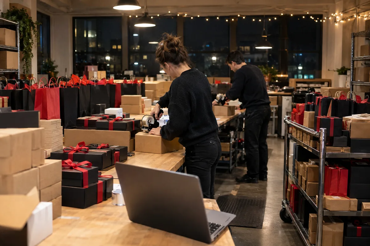 Packers taping boxes at a crowded packing table during a Black Friday order rush, with black gift boxes, red ribbon and stacks of parcels