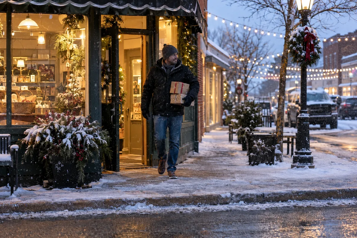 A shopper carrying wrapped holiday parcels out of a neighborhood shop on a snowy December evening
