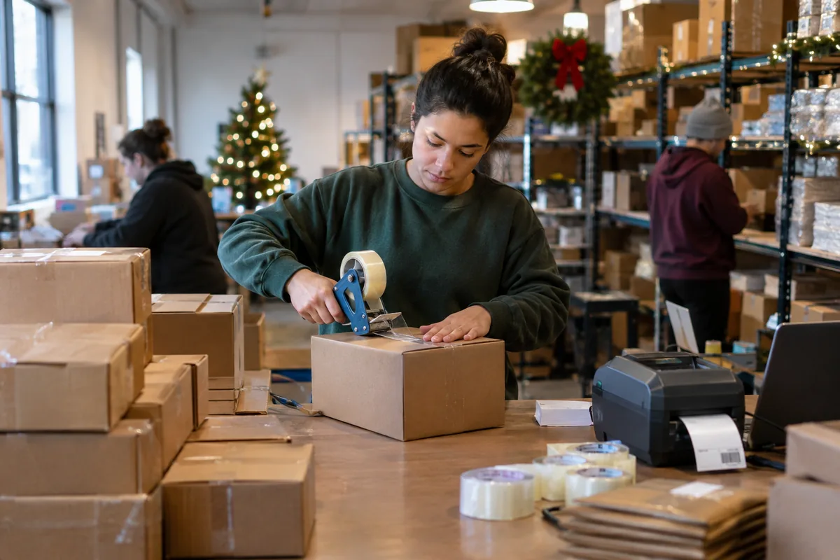 Stacks of holiday parcels on a warehouse packing table, ready to ship