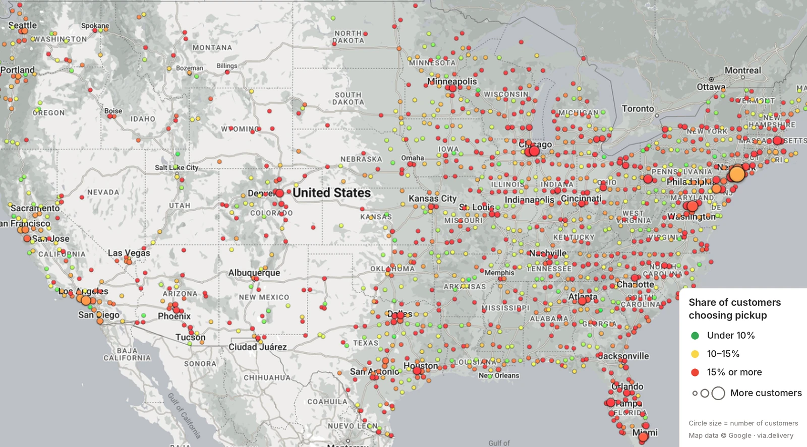 Map of the United States: circles sized by number of customers and colored by the share choosing pickup, with most areas at 10% or more