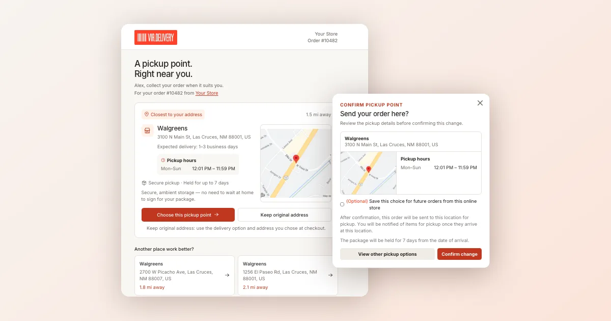 The redesigned Via.Delivery pickup redirect page showing the closest pickup location, and the confirmation dialog with the option to save the choice for future orders