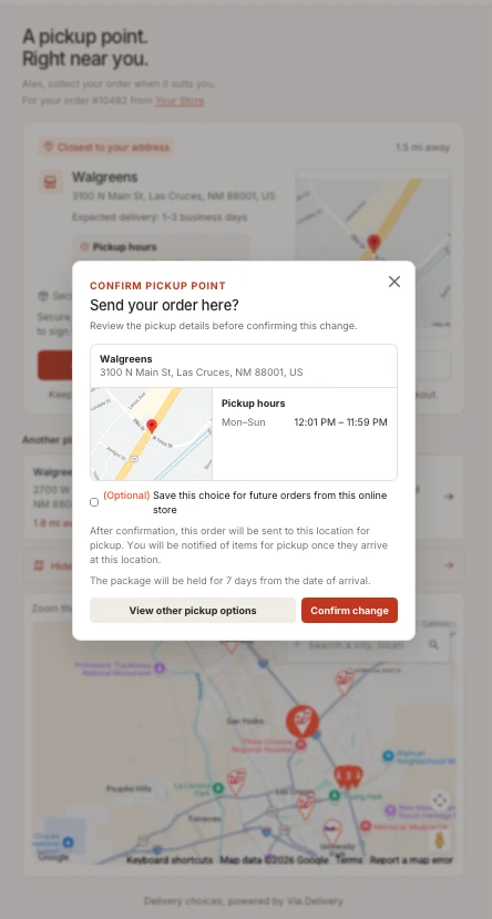 Confirmation dialog: the chosen pickup location with its map and hours, an optional checkbox to save the choice for future orders from the same store, and the 7-day hold period