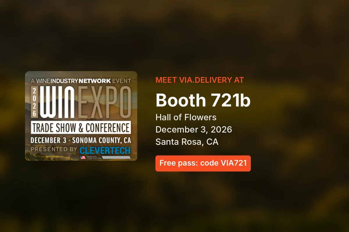 The WIN Expo 2026 logo next to Via.Delivery booth details: booth 721b, Hall of Flowers, December 3, 2026, Santa Rosa, with free pass code VIA721
