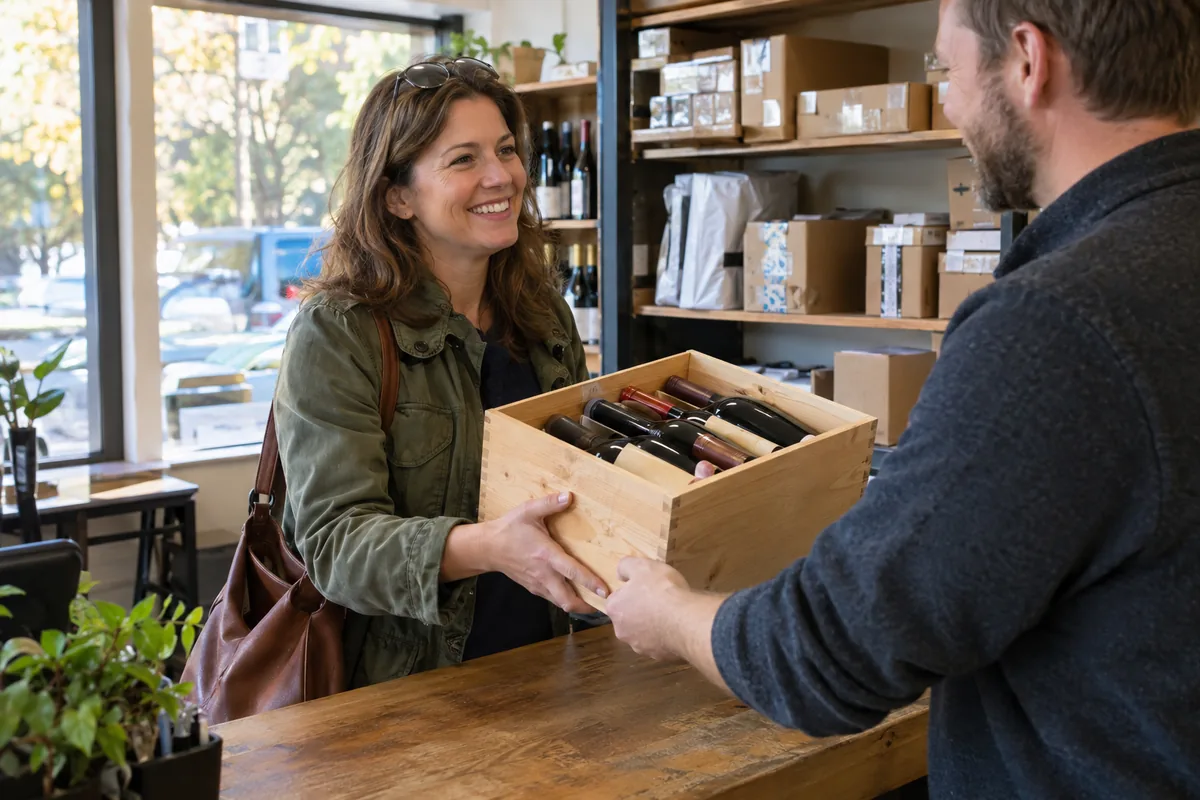 Wine club member collecting a case of wine at a pickup counter