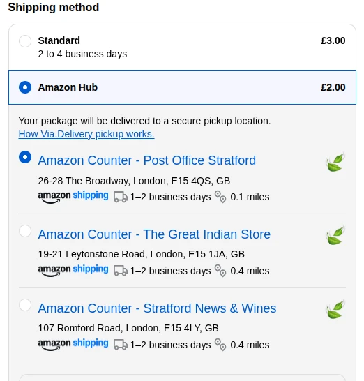Shopify checkout with the Amazon Hub delivery option selected and three nearby Amazon Counters listed with address, Amazon Shipping transit time and distance