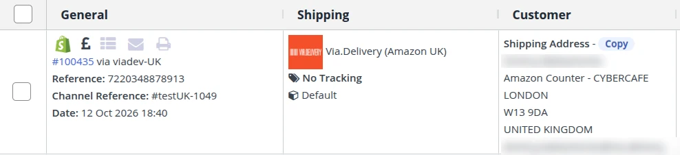 A Linnworks open order with the Via.Delivery (Amazon UK) shipping service and an Amazon Counter in London as the shipping address