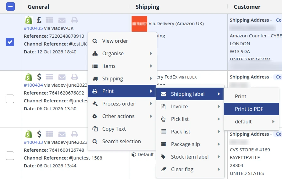 The Linnworks order actions menu: Print, then Shipping label, then Print or Print to PDF