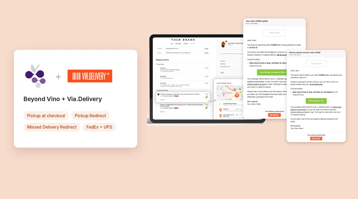 Beyond Vino and Via.Delivery logos next to a checkout with pickup locations, a pickup offer email and a missed delivery email