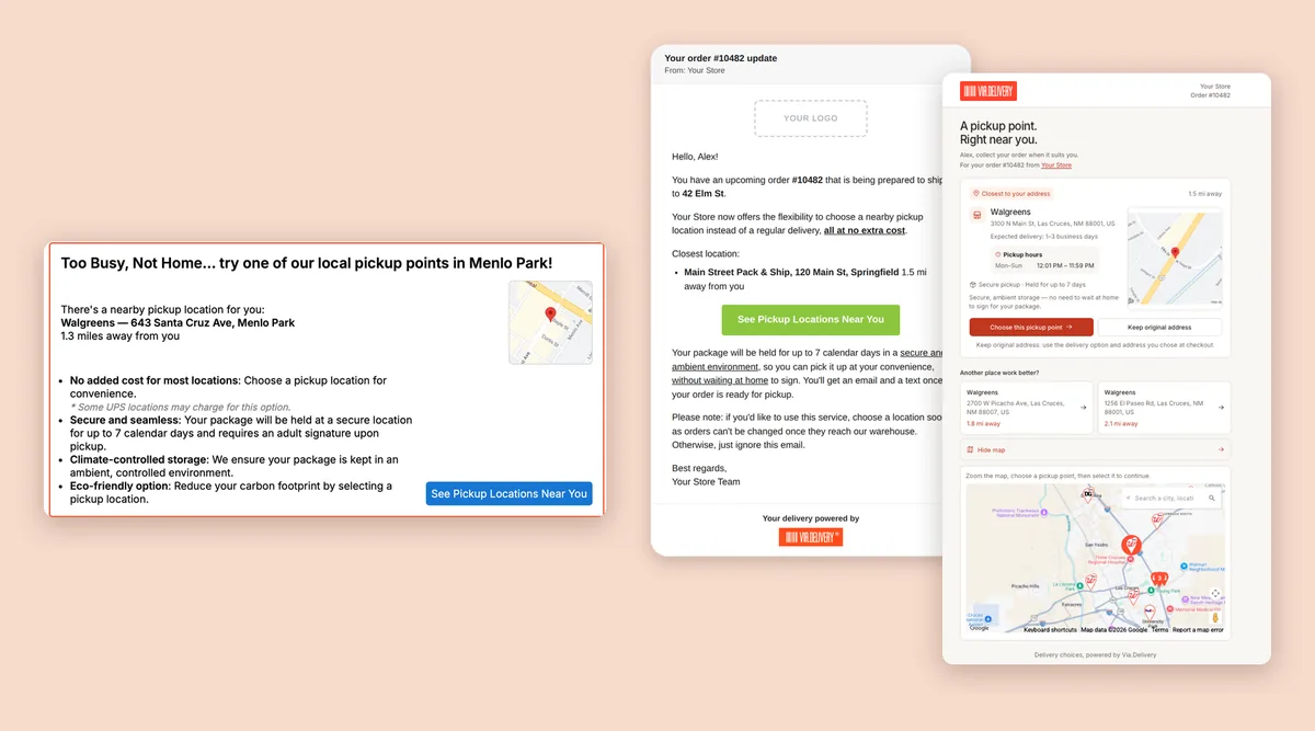 The Via.Delivery pickup offer on a Commerce7 thank-you page, the pickup offer email, and the page where a customer chooses a nearby pickup location