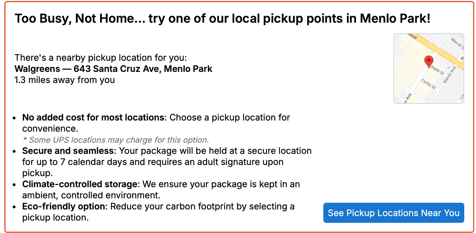 The Via.Delivery widget on a Commerce7 thank-you page: the nearest pickup location with its distance and a map, the benefits of pickup, and a See Pickup Locations Near You button