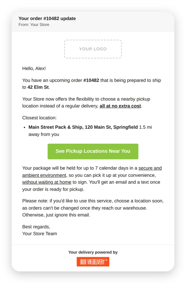 Pickup offer email: the order number and shipping address, the closest pickup location with its distance, and a See Pickup Locations Near You button