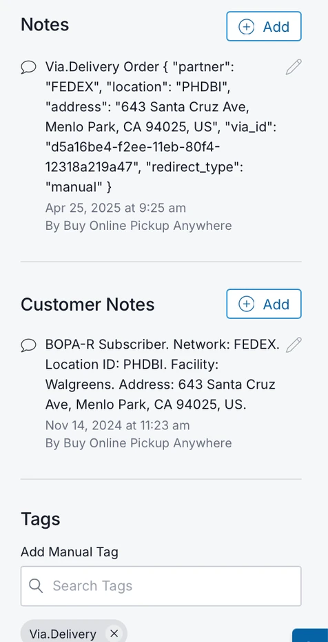 Commerce7 order sidebar: a Via.Delivery order note with the chosen FedEx location and its address, a customer note marking the customer as a pickup subscriber, and a Via.Delivery tag