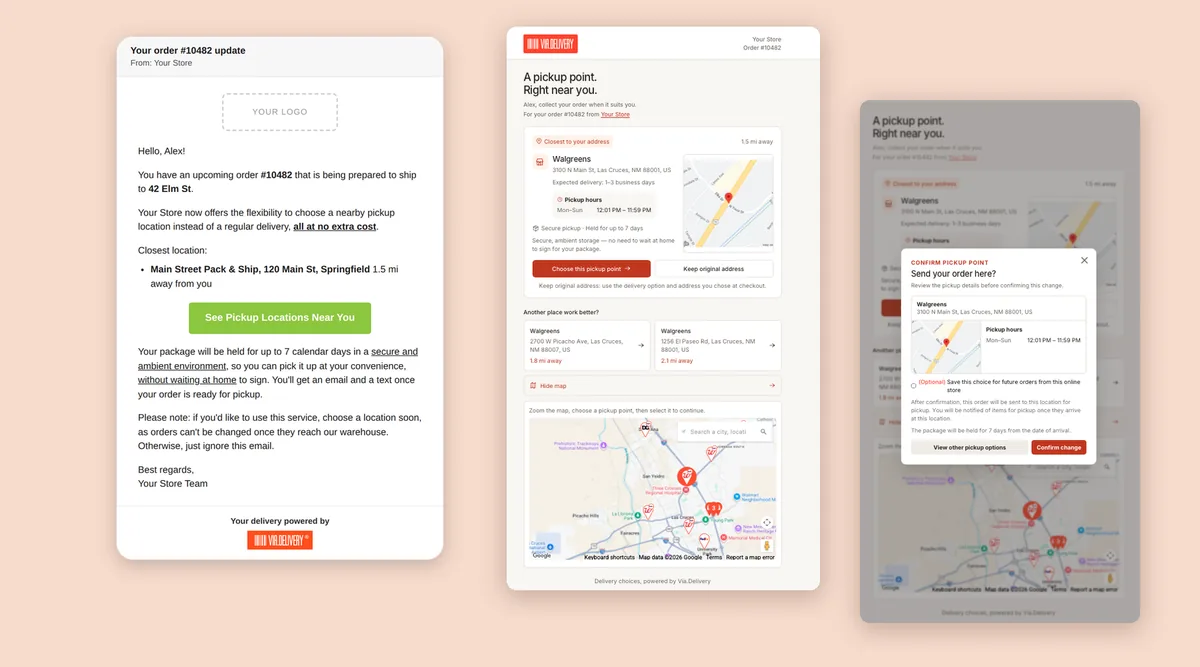 A pickup offer email, the page where a member chooses a nearby pickup location, and the confirmation with the option to save the location for future releases