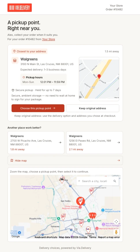 The pickup page a member sees: the closest pickup location with distance, pickup hours and expected delivery, buttons to choose it or keep the original address, nearby alternatives and a map