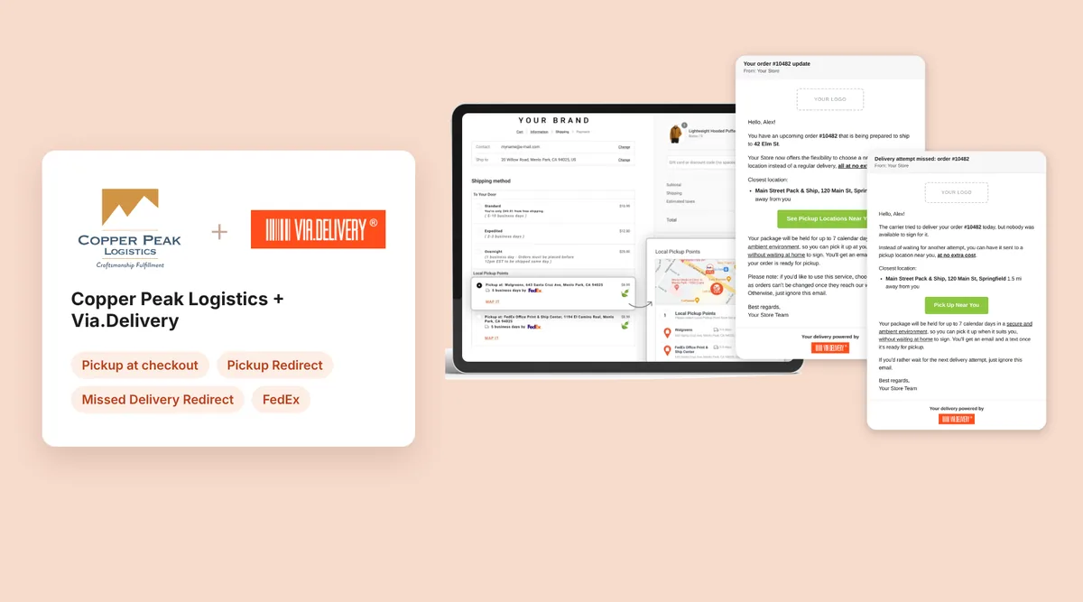 Copper Peak Logistics and Via.Delivery logos next to a checkout with FedEx pickup locations, a pickup offer email and a missed delivery email