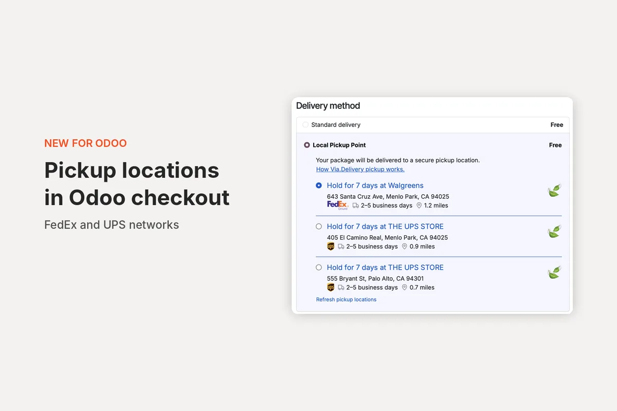 Odoo checkout with a Local Pickup Point delivery method listing a nearby Walgreens (FedEx) and two The UPS Store locations, each with delivery time and distance