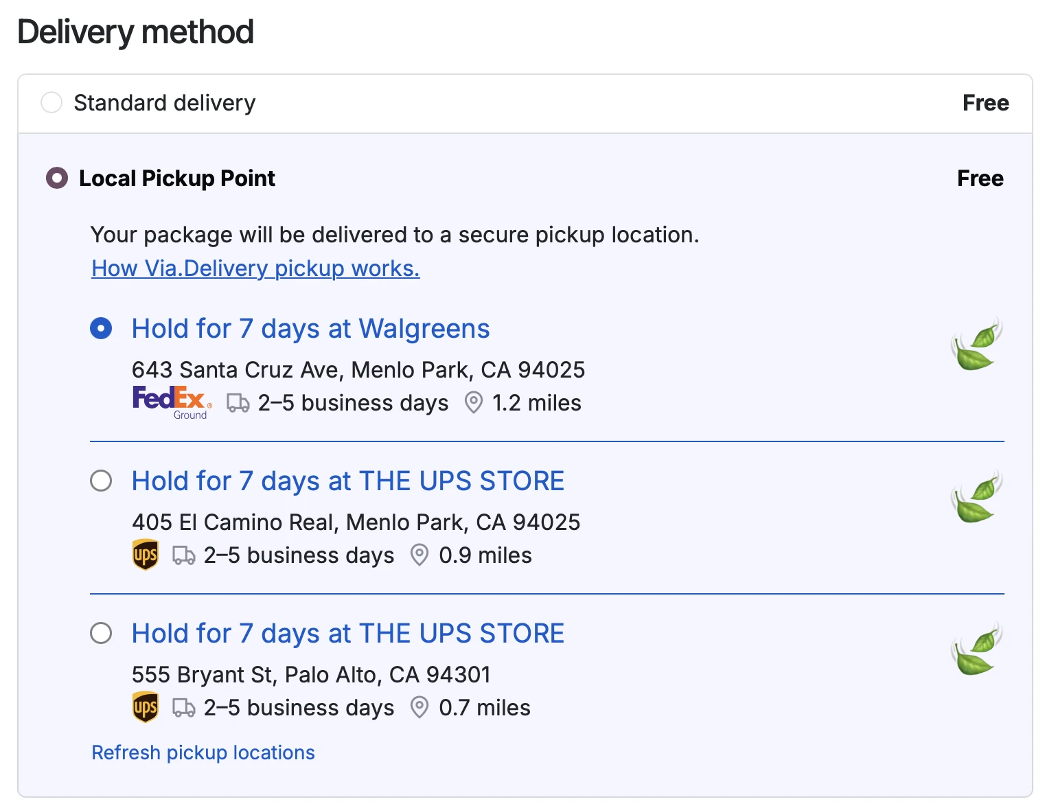 Odoo checkout: the Local Pickup Point delivery method with three nearby locations, a Walgreens served by FedEx and two The UPS Store locations, each with delivery time and distance