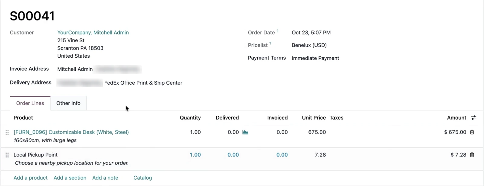 An Odoo sales order with the FedEx Office pickup location as the delivery address and a Local Pickup Point delivery line