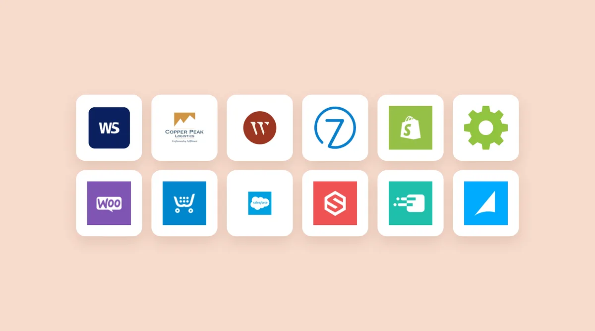 Logos of Via.Delivery partners: wine fulfillment centers, online store platforms and shipping software