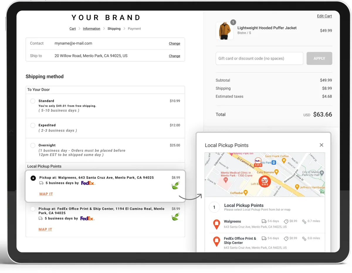 Online store checkout with a Local Pickup Points shipping option and a map of nearby FedEx and UPS pickup locations