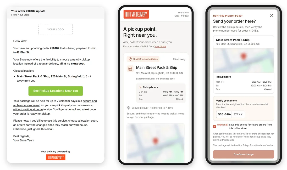 The customer gets an email from your store, picks a nearby pickup location, and confirms the change, with an option to save it for future orders