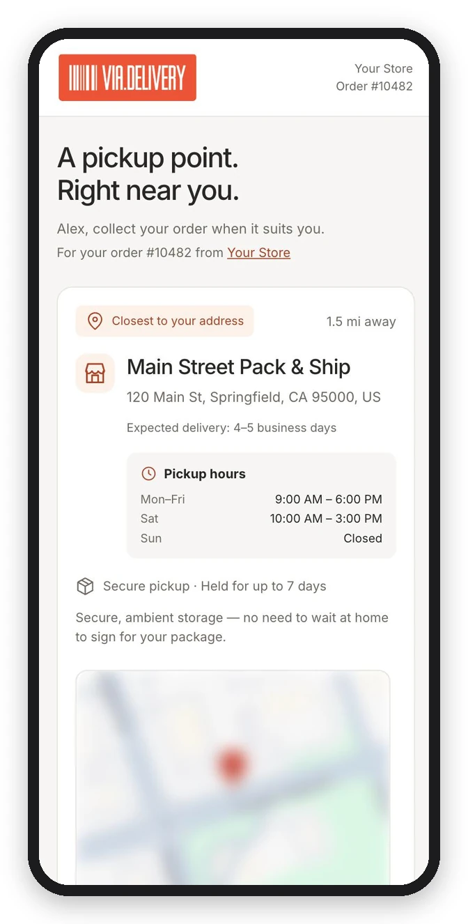 Pickup location page: the closest location with distance, pickup hours and expected delivery, plus other nearby options