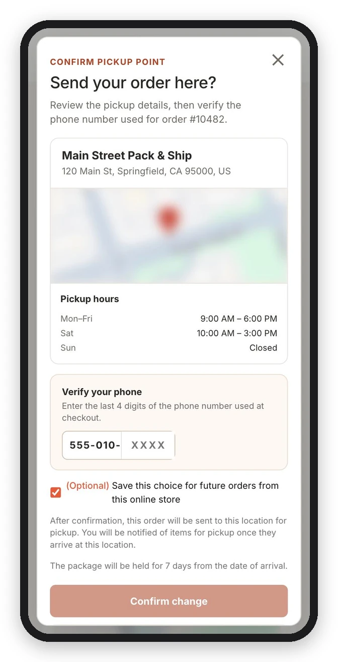 Confirmation screen with the option to save the pickup location for future orders from the same store