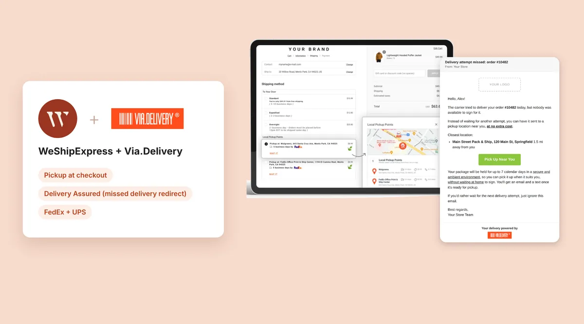 WeShipExpress and Via.Delivery logos next to a checkout with pickup locations and a missed delivery email offering a nearby pickup location