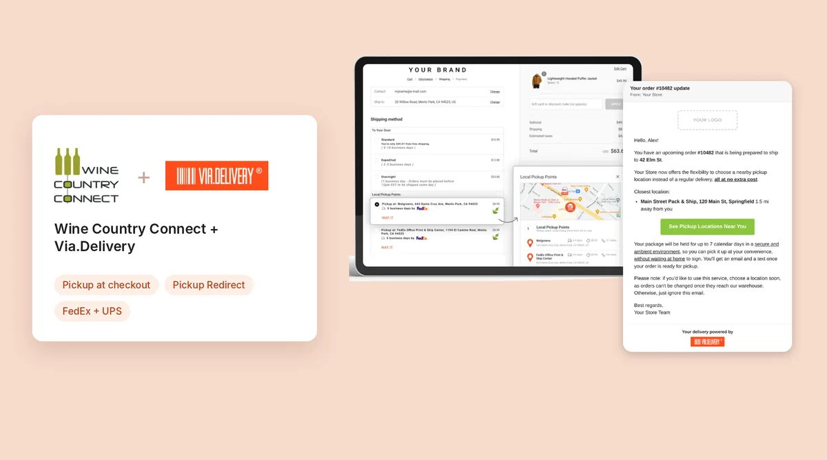 Wine Country Connect and Via.Delivery logos next to a checkout with pickup locations and a pickup offer email