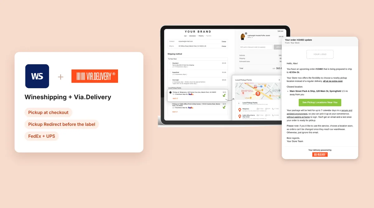Wineshipping and Via.Delivery logos next to a checkout with pickup locations and an email offering a nearby pickup location before the order ships