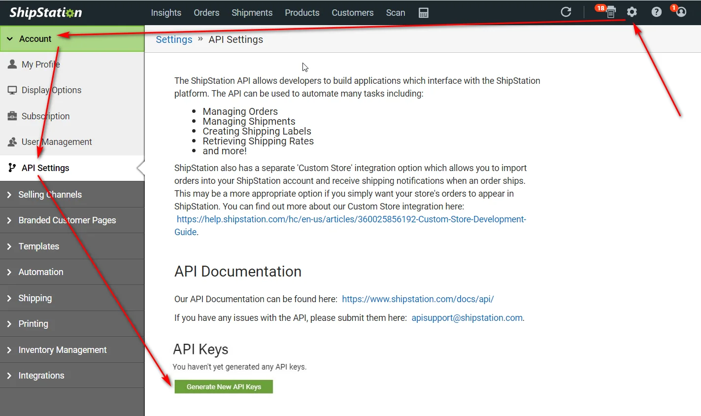 1. Go to Settings → Account → API → Generate New API Keys